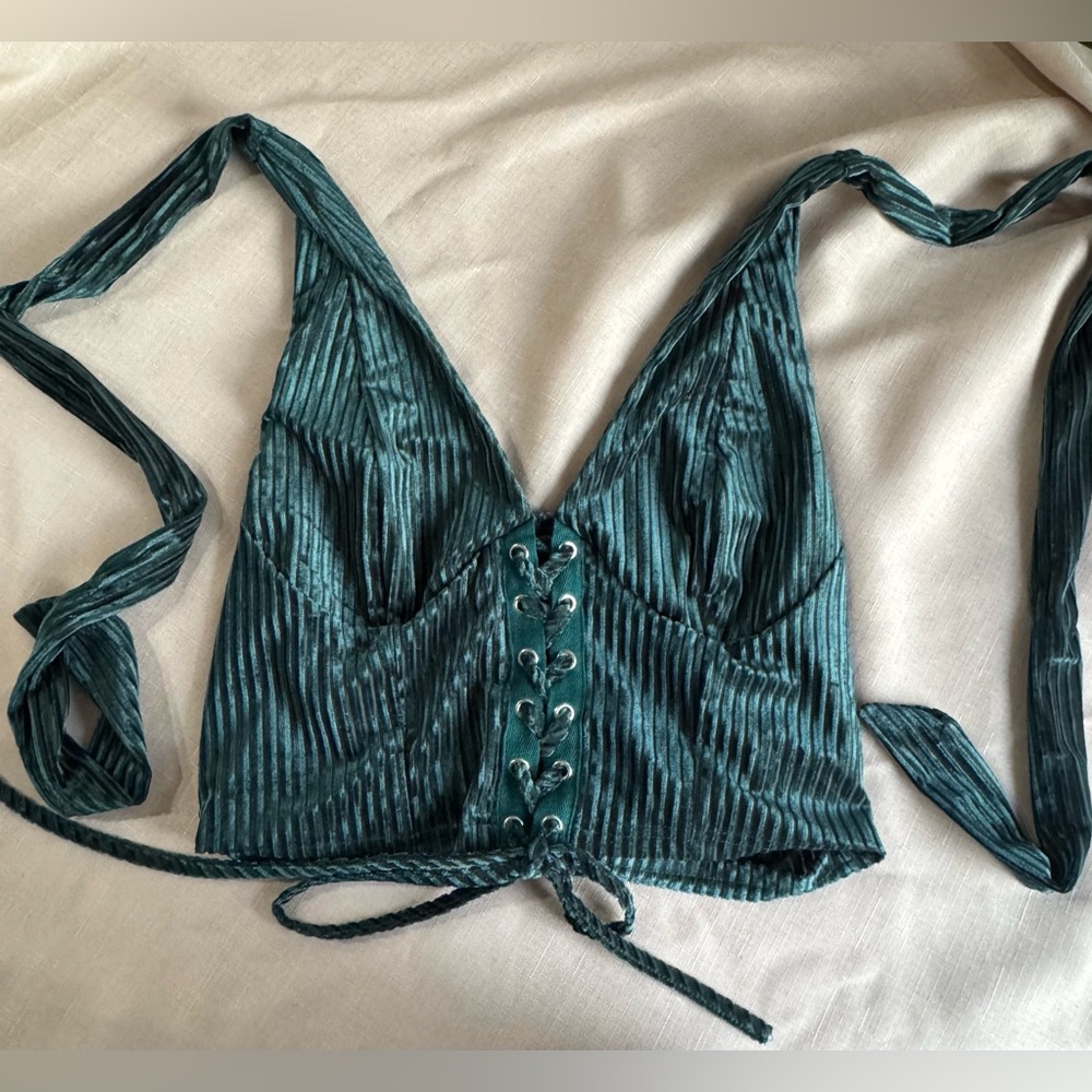 Teal Velvet Lace-Up Halter Top – Size L – NWT
